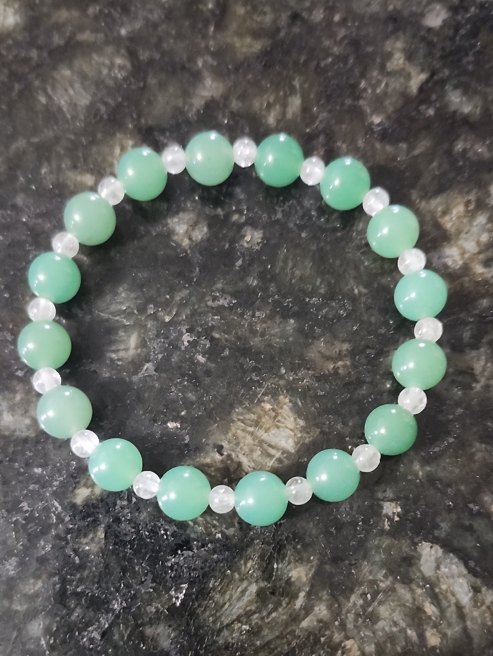 Handmade Green Avenue Beaded Stretch Bracelet with Clear Quartz Spacers